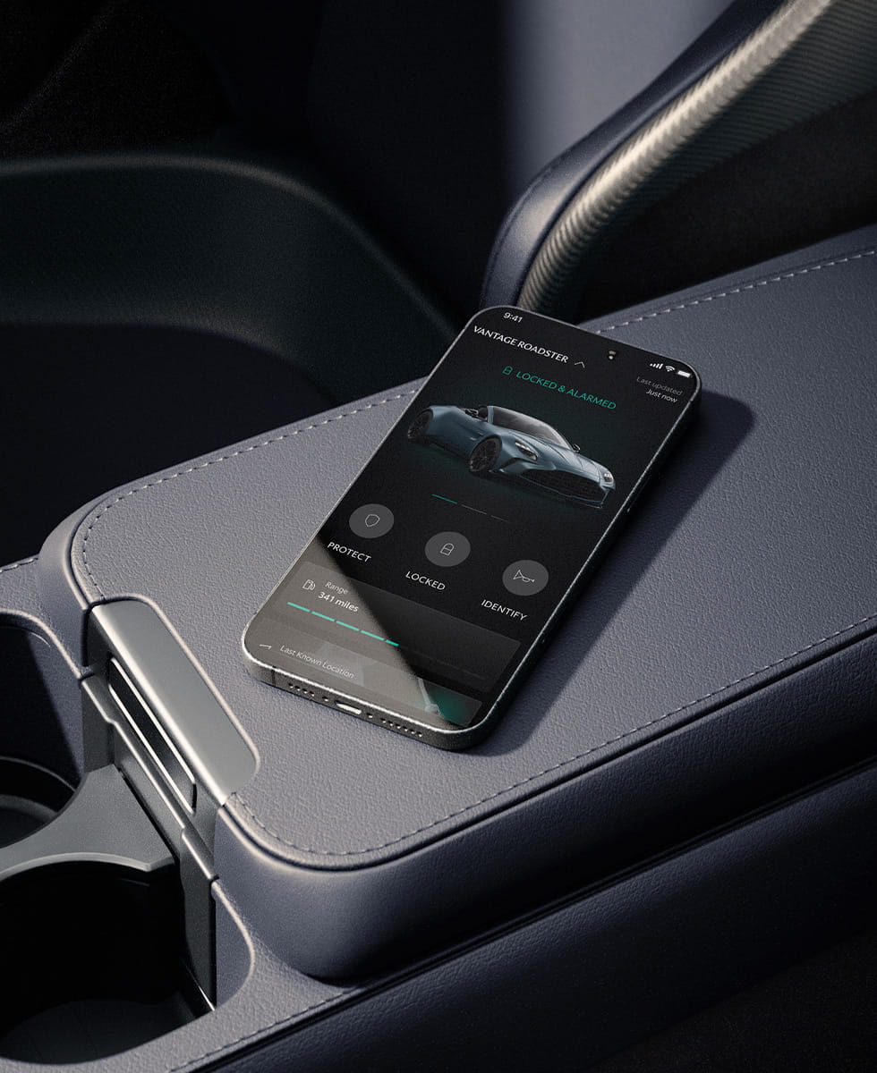 Connected Car tile overlay showing Vantage Roadster app