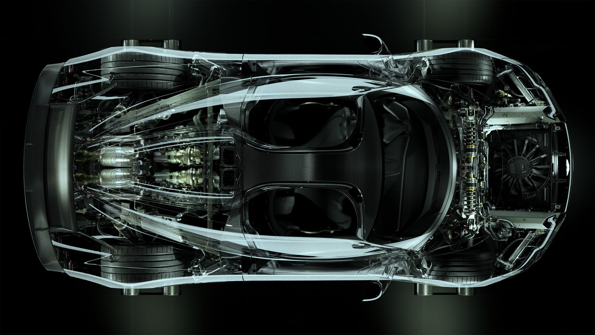 Aston Martin Valhalla shown in specification on a black background with chassis details shown in a lighter colour